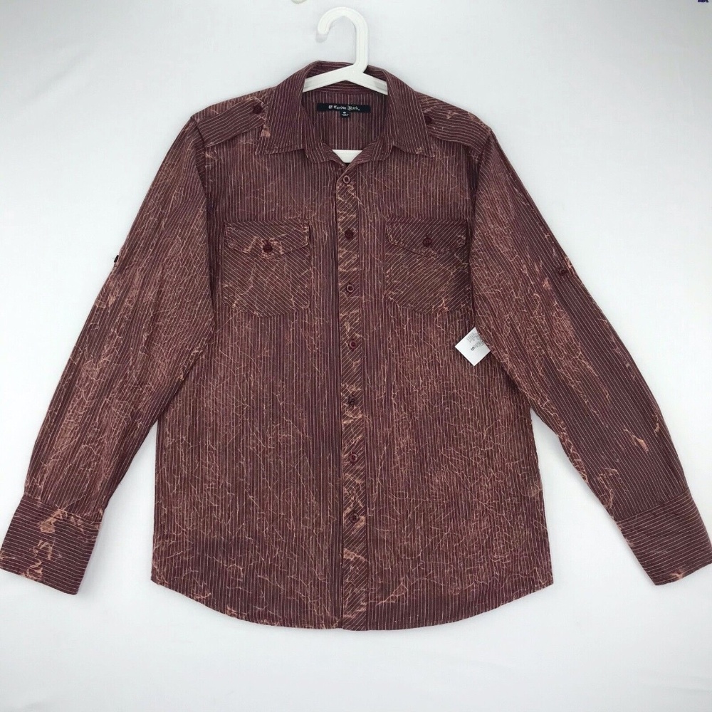 Carbon Black Mens Small Button Front Shirt Rust Red Striped with Bleach Wash